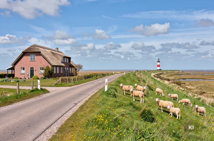 KI-Symbolbild: Landstraße am Deich in Nordfriesland mit Schafen, Reetdachhaus und Leuchtturm am Horizont