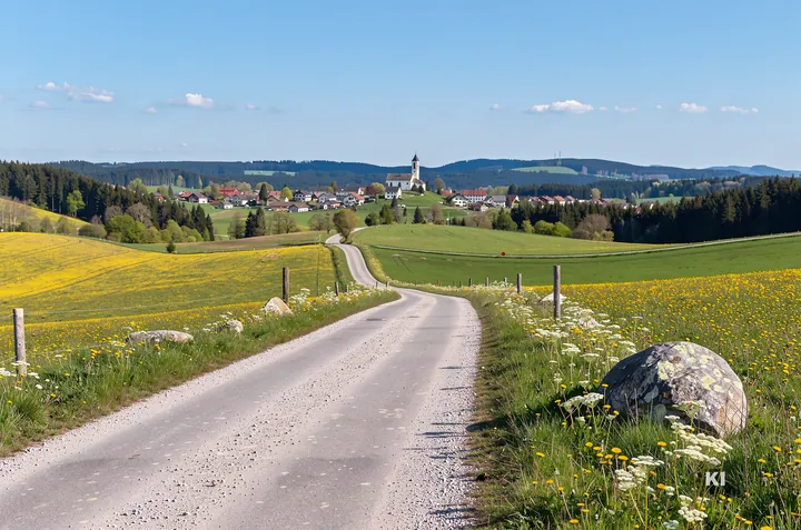KI-Symbolbild: Landstraße durch das hügelige Mühlviertel mit Feldern, Wald und einem Dorf mit Kirche