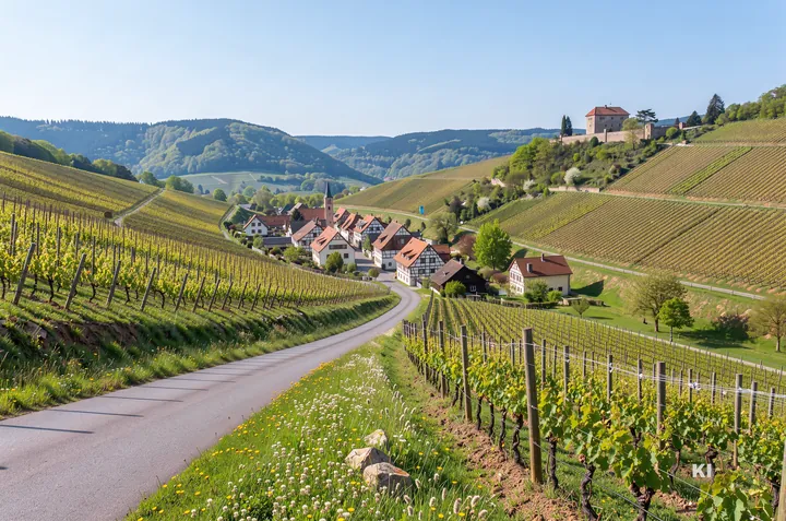 KI-Symbolbild: Weinberge an der Badischen Weinstraße mit Fachwerkdorf und Burg auf dem Rebhügel