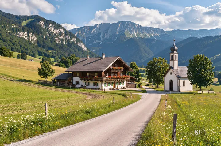 KI-Symbolbild: Wiesen im Chiemgau mit Bauernhaus, Kapelle und den Chiemgauer Alpen