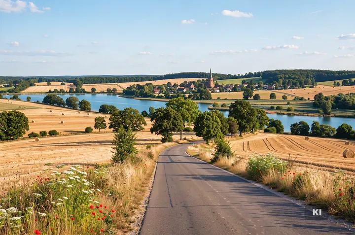 KI-Symbolbild: Allee durch die Holsteinische Schweiz mit Seen, Feldern und Backsteinkirche