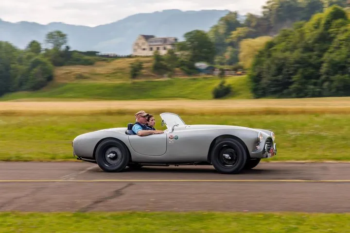 Silberner Roadster fährt an einer Wiese entlang
