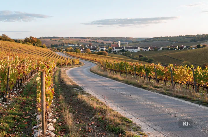 KI-Symbolbild: Landstraße durch herbstliche Weinberge in Burgund, dahinter ein Dorf mit Kirchturm