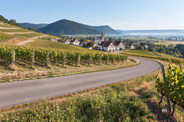 KI-Symbolbild: Weinbergstraße am Rand des Schwarzwalds, dahinter ein Fachwerkdorf mit Kirche und bewaldete Berge