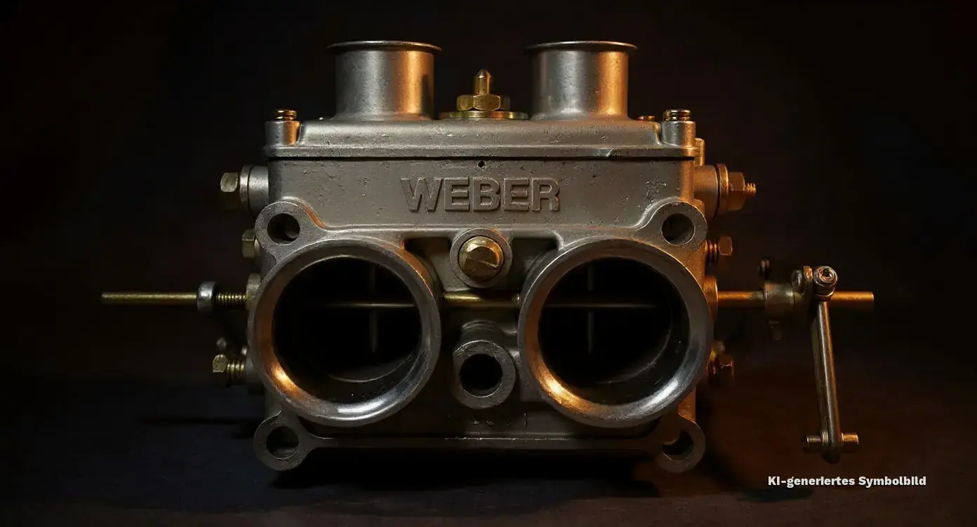 Der Weber DCOE 45 Doppelvergaser von vorne fotografiert mit zwei großen Ansaugöffnungen, oberen Schwimmern und der Markenprägung auf dem Aluminiumgehäuse.