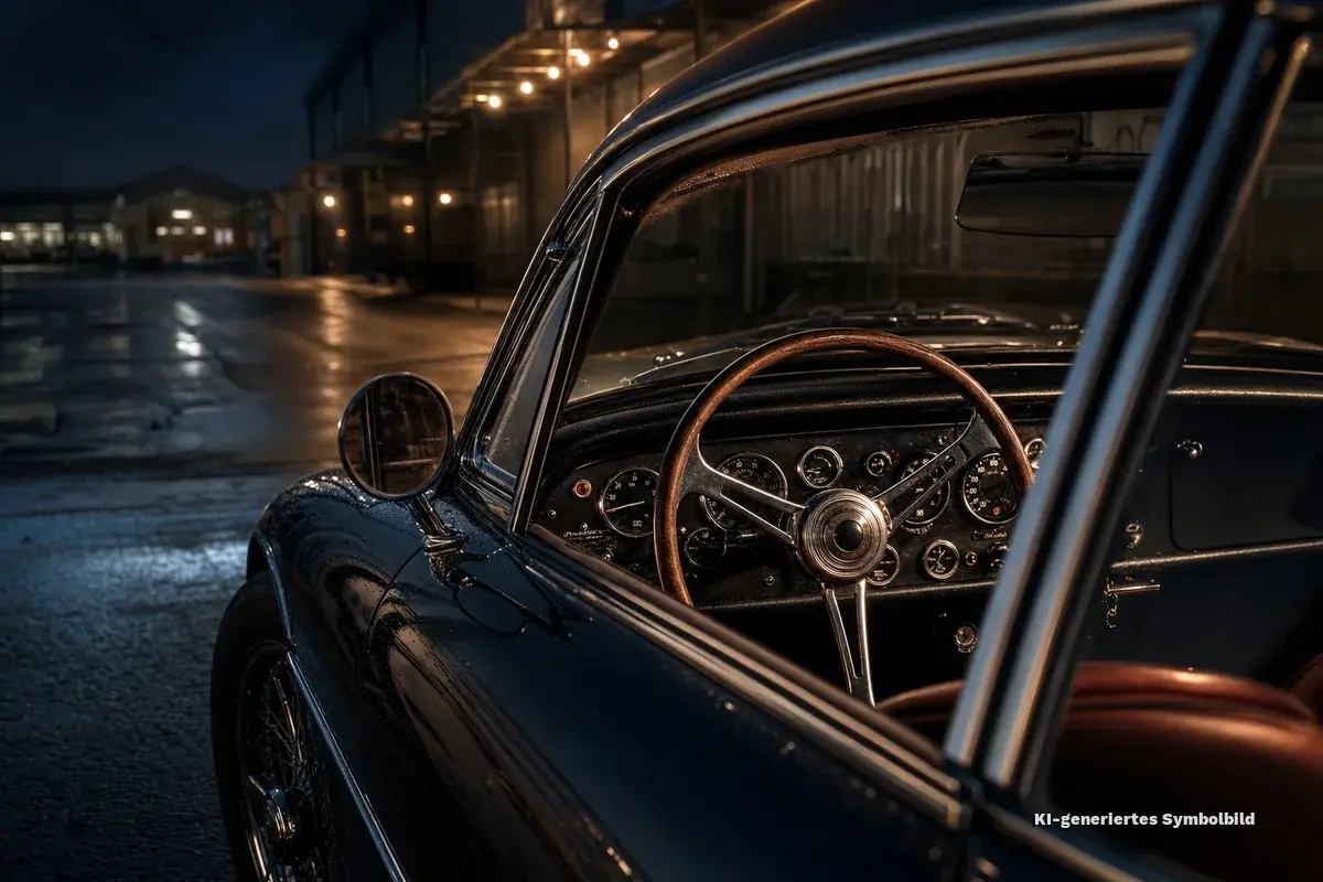 Oldtimer Cockpit mit Holzlenkrad und analogem Instrumentenboard bei Nacht