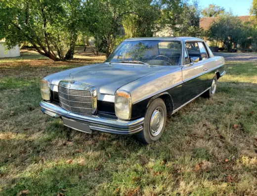 Mercedes Benz 250CE Baujahr 1971 zu verkaufen, Silbernes Mercedes-Benz 250CE Coupé von links, geparkt auf einer Grasfläche mit Bäumen im Hintergrund.