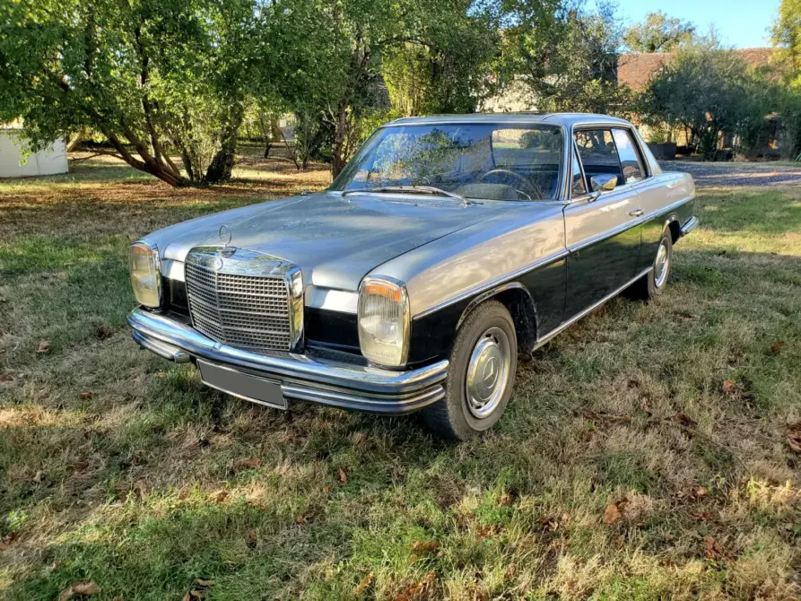 Mercedes Benz 250CE Baujahr 1971 zu verkaufen, Silbernes Mercedes-Benz 250CE Coupé von links, geparkt auf einer Grasfläche mit Bäumen im Hintergrund.