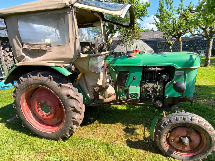 Deutz D25 Baujahr 1963 zu verkaufen: Grüner Deutz D25 Traktor in Seitenansicht mit Motor, beigem Stoffverdeck und roten Felgen auf einer Wiese