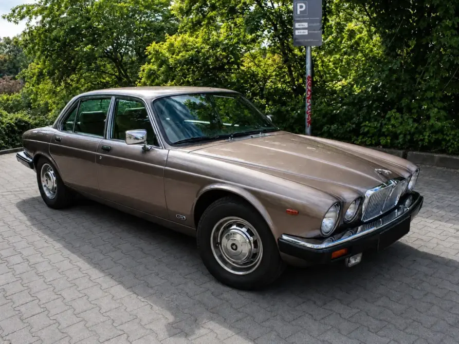 Jaguar XJ 12 HE Baujahr 1984 zu verkaufen: Brauner Jaguar XJ 12 HE Limousine schräg von vorne auf Pflaster vor einer Hecke, Chromgrill und Stahlradkappen sichtbar