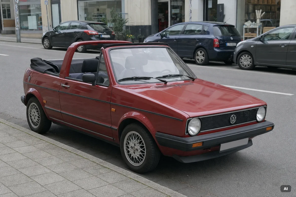 Mit KI erstellt Rotes VW Golf Cabrio der ersten Generation mit Überrollbügel am Straßenrand einer Innenstadt