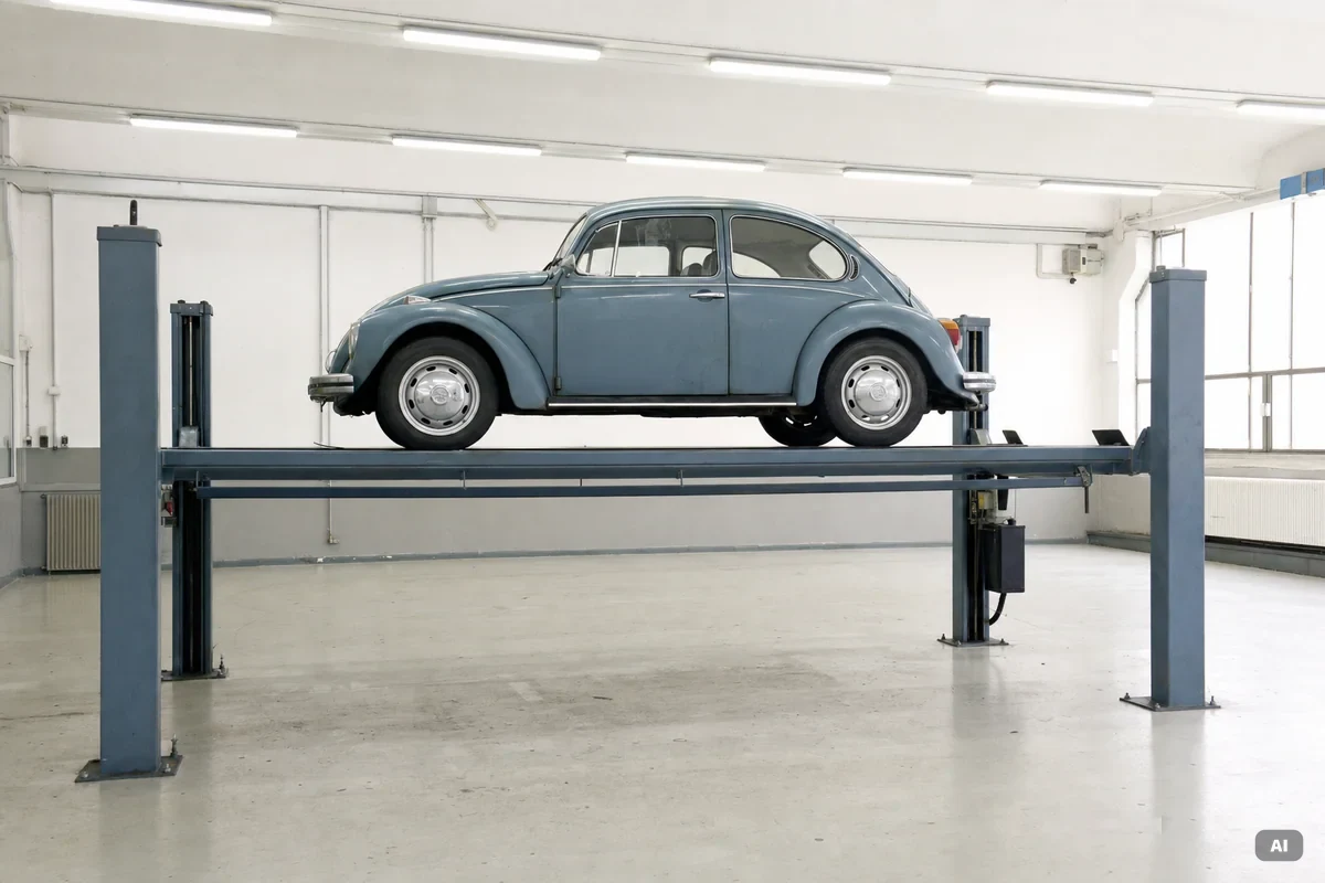 Mit KI erstellt VW Käfer auf einer Viersäulen-Hebebühne in einer hellen Prüfhalle