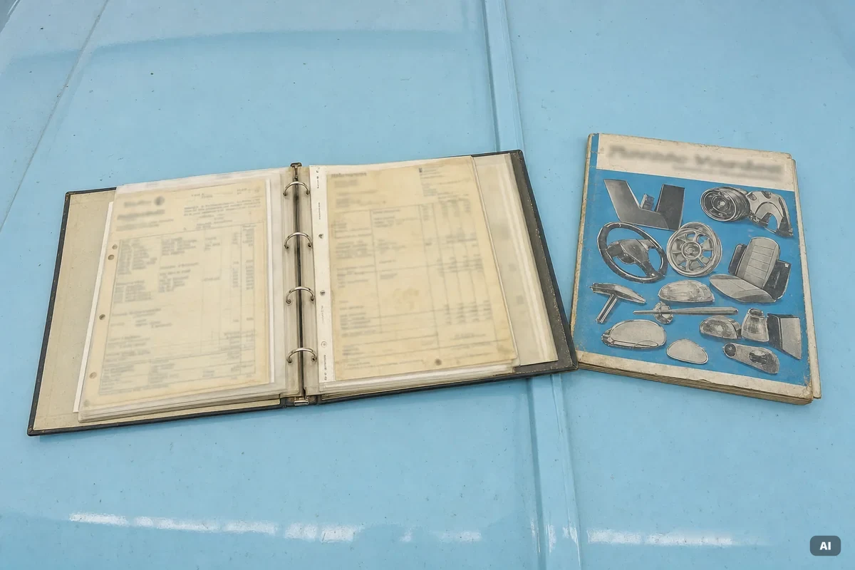 Mit KI erstellt Ordner mit alten Werkstattrechnungen und ein Zubehörkatalog auf dem Kotflügel eines Oldtimers