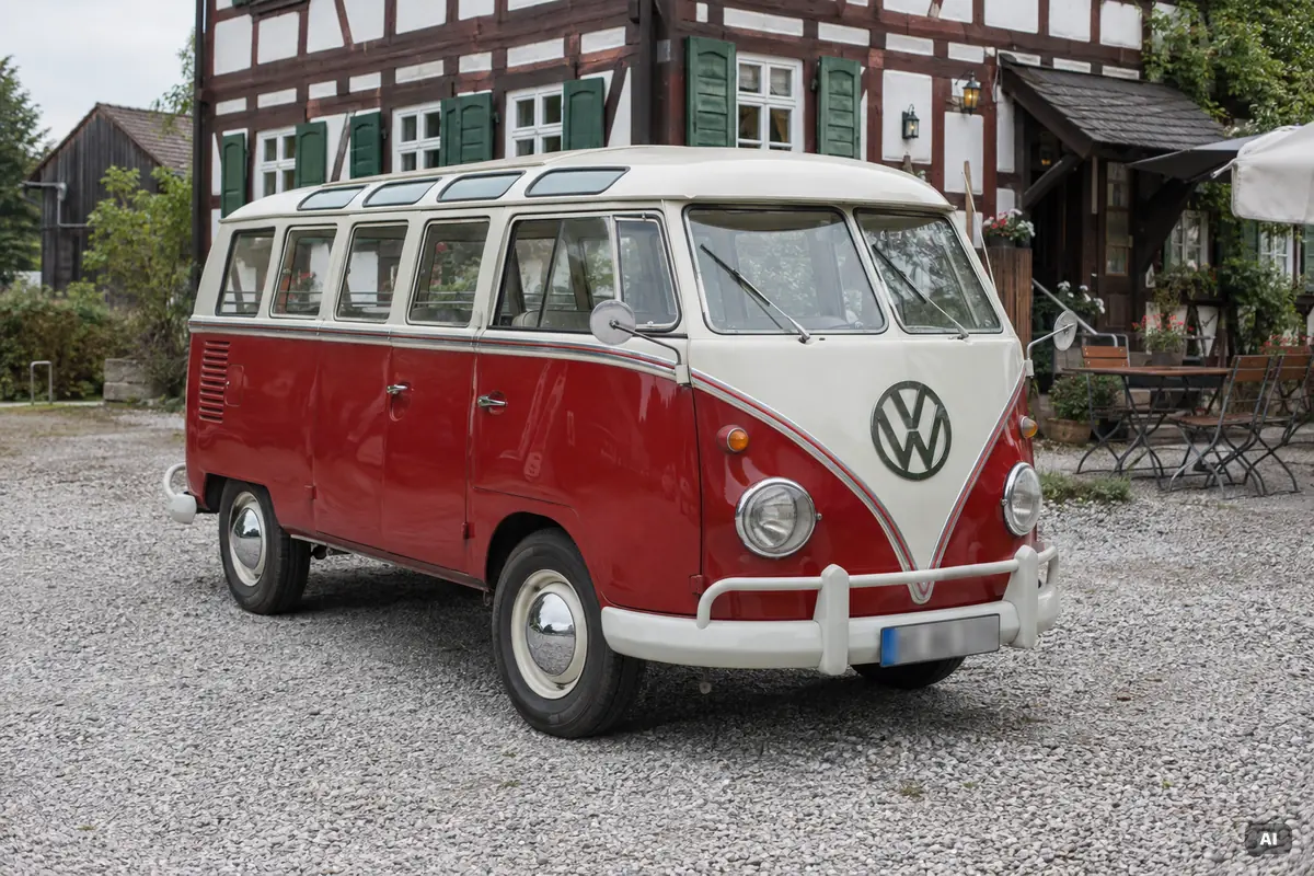 Mit KI erstellt Rot-weißer VW T1 Samba Bus vor einem Landgasthof mit Fachwerk