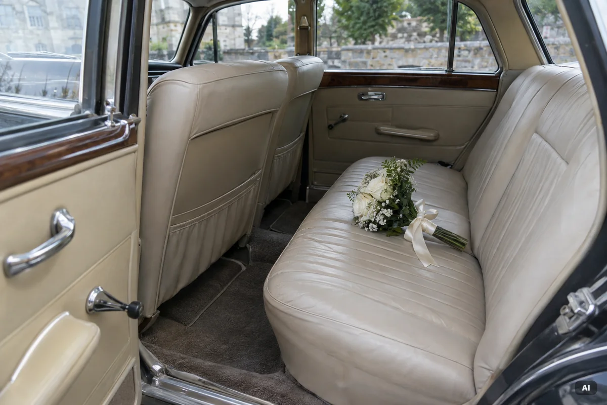 Mit KI erstellt Rückbank einer klassischen Limousine mit Brautstrauß