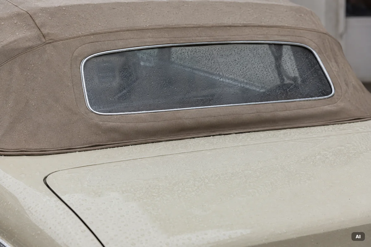 Mit KI erstellt Geschlossenes Stoffverdeck eines Oldtimer-Cabrios mit Regentropfen