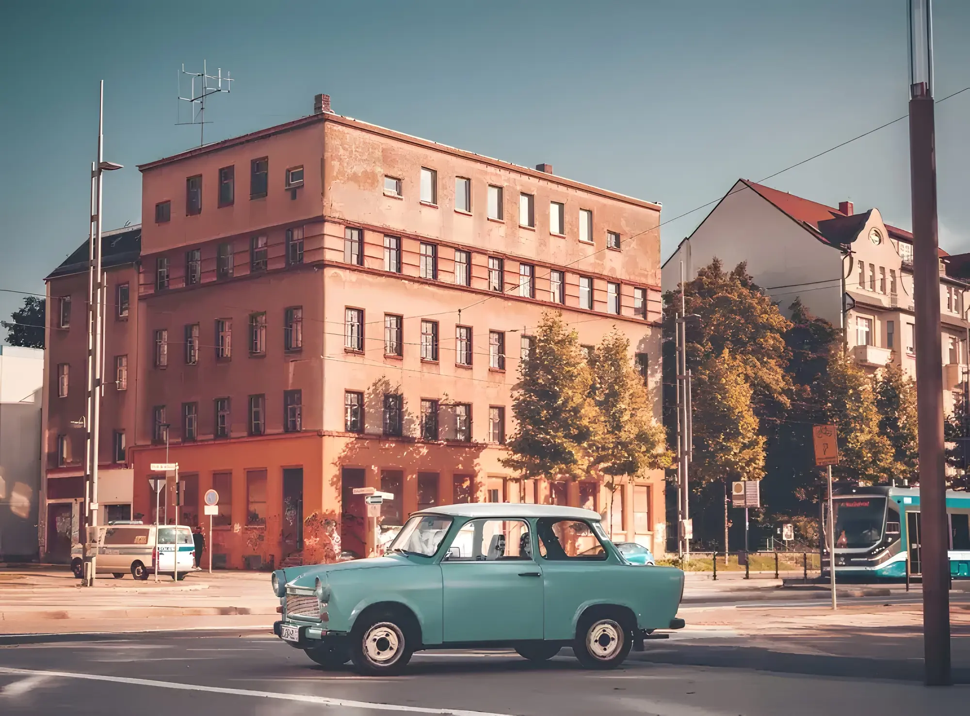 Trabant 601 Limousine Nr.1 1986 mieten in Trabant Vermietung Chemnitz, Rosenpl. 7, 09126 Chemnitz-Bernsdorf, Deutschland (türkiser Trabant in Stadt)