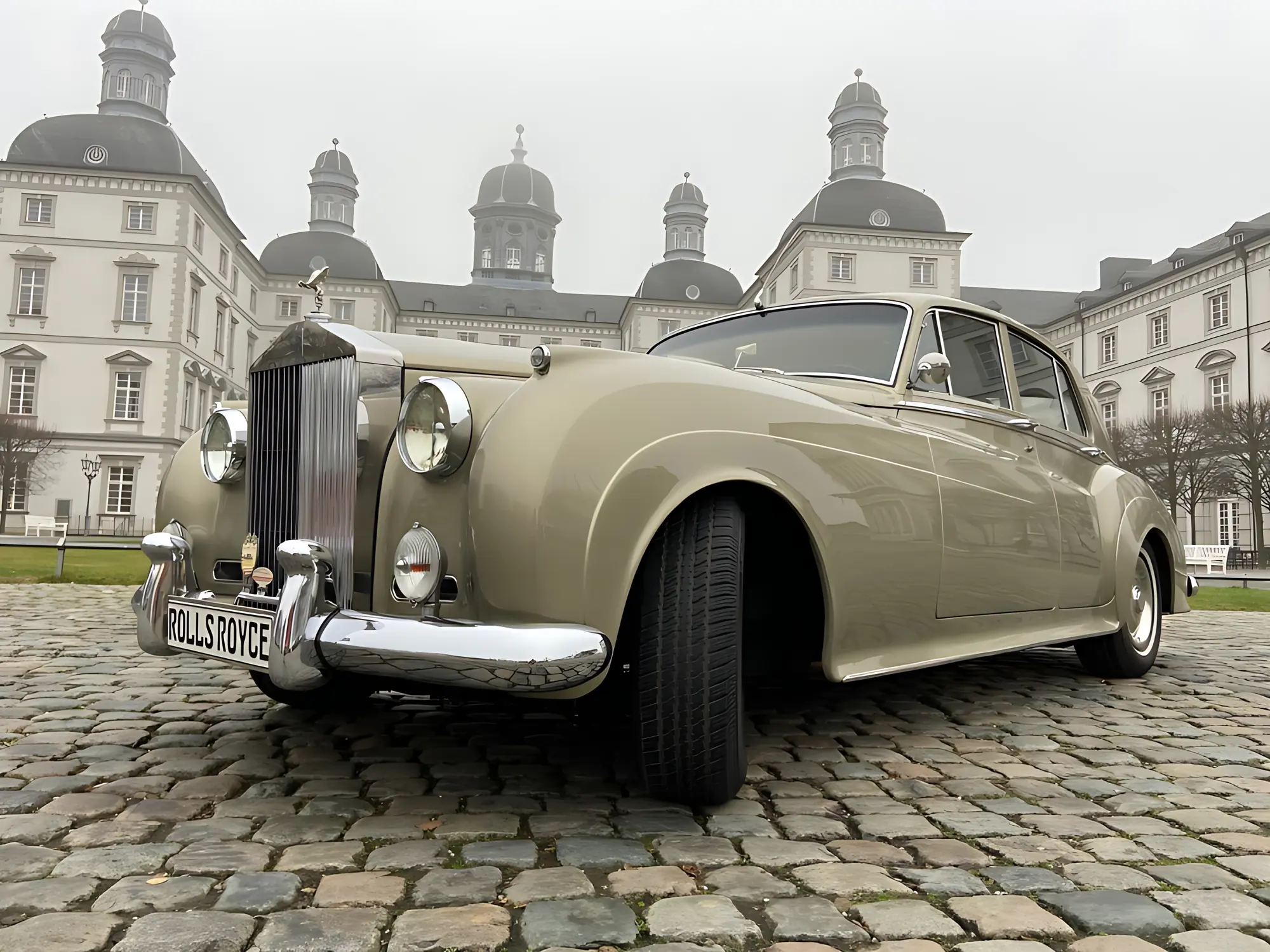Rolls-Royce Silver Cloud 1 1956 mieten in Wermelskirchen-Hinterhufe (grüner Rolls-Royce vor Schloss)