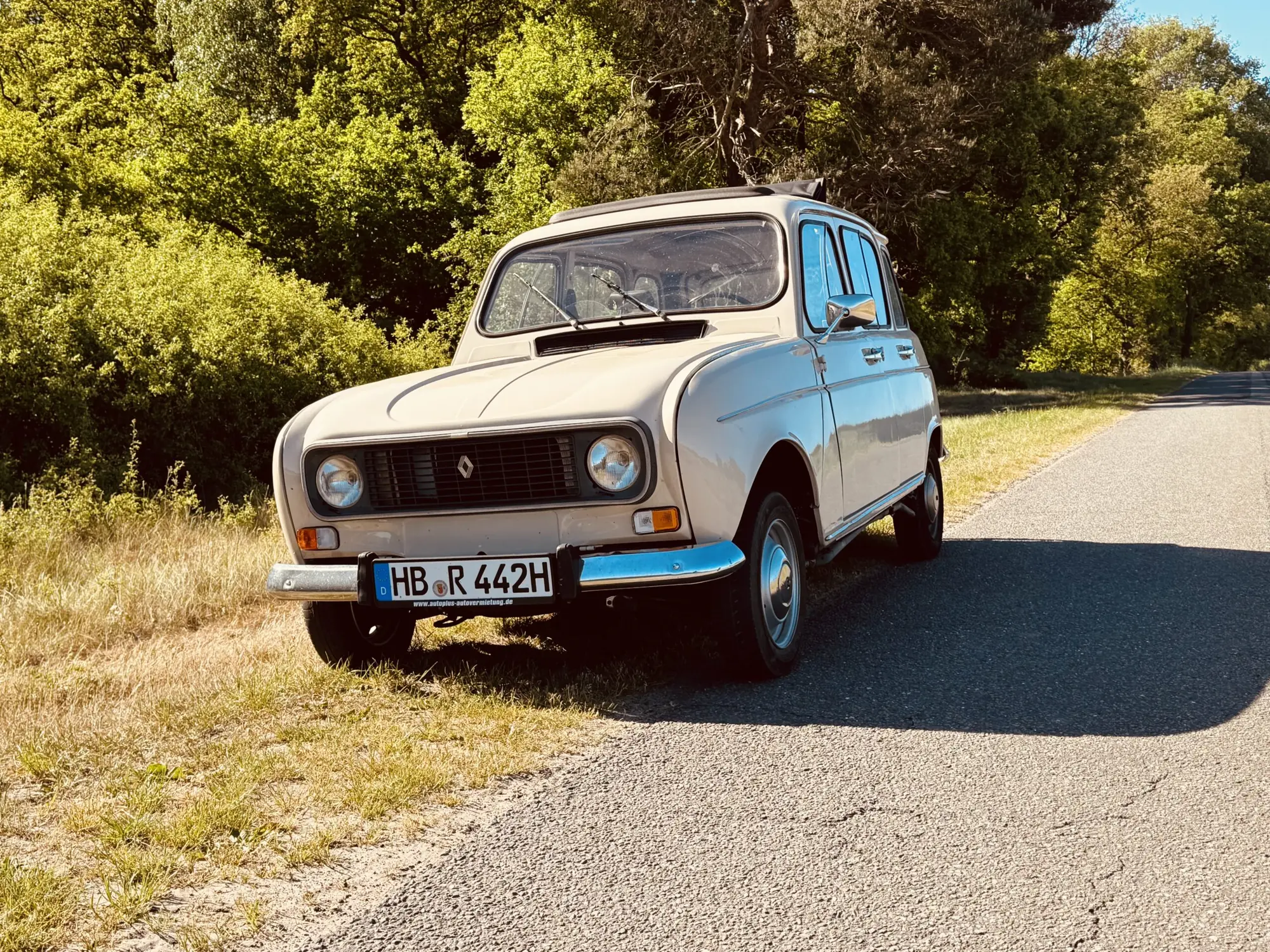Renault R4 TL 1982 mieten in Bremen (Beige Renault R4 auf Landstraße)
