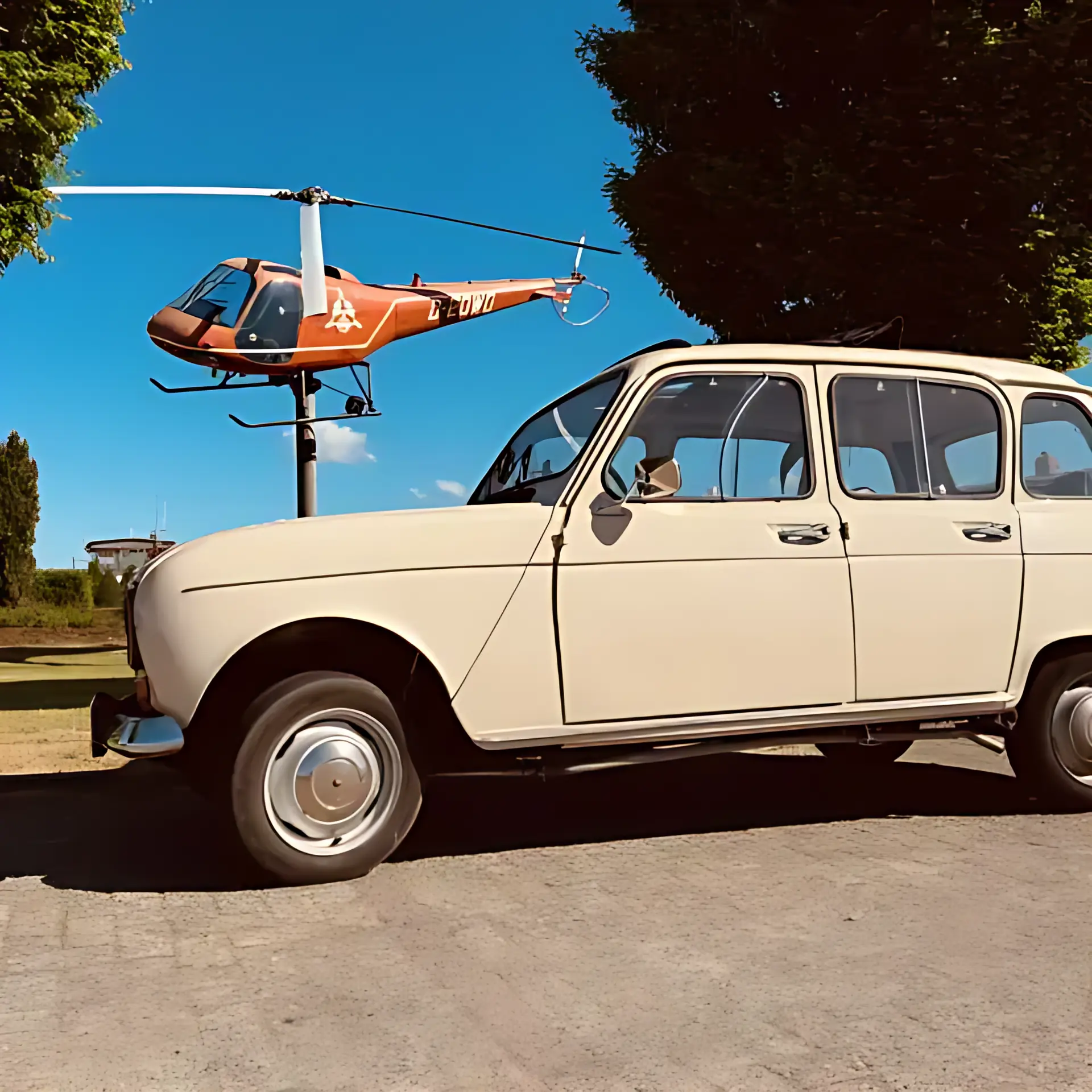 Renault R4 TL 1982 mieten in Bremen (Seitenansicht mit Helikopter)