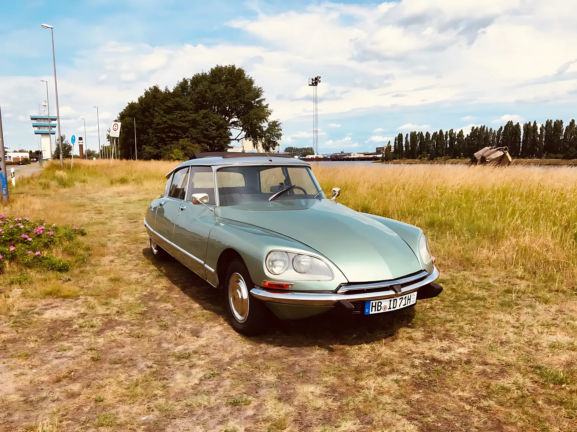 Citroën D-Super 1972 mieten in Bremen (Frontansicht auf Wiese)