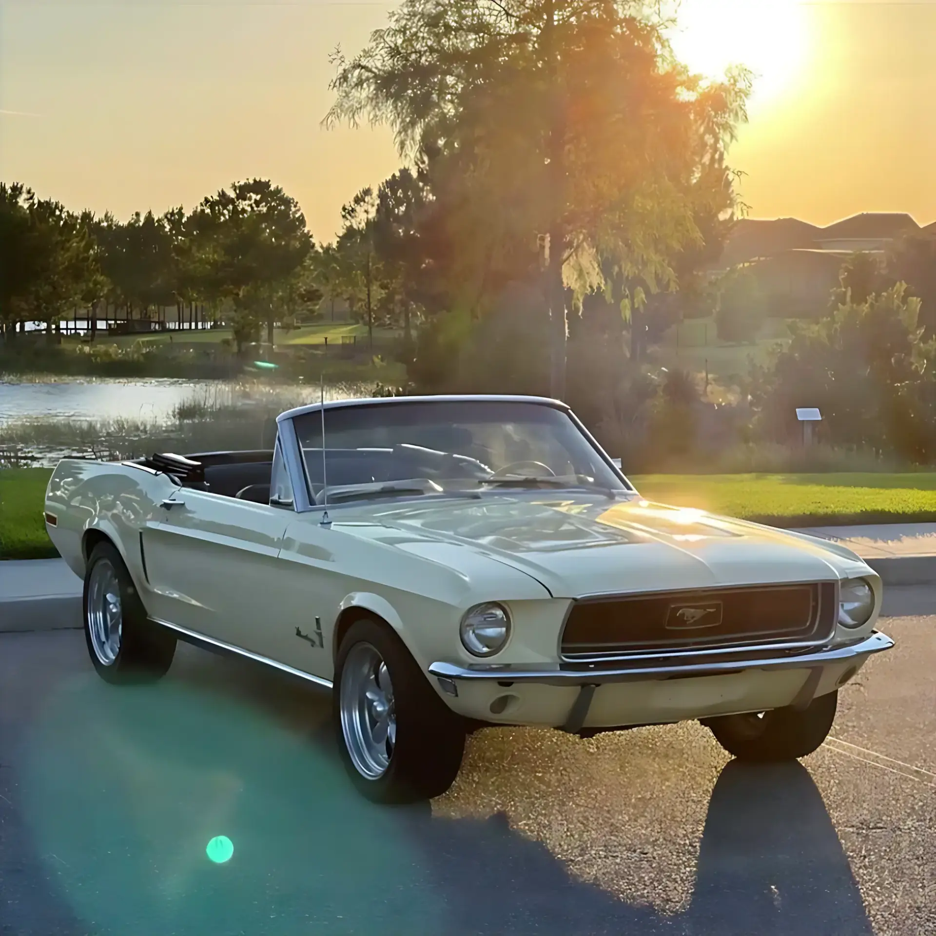Ford Mustang GT Convertible 1968 mieten in Senftenberg, Hochzeitsauto (Weißes Mustang Cabrio Sonnenuntergang)